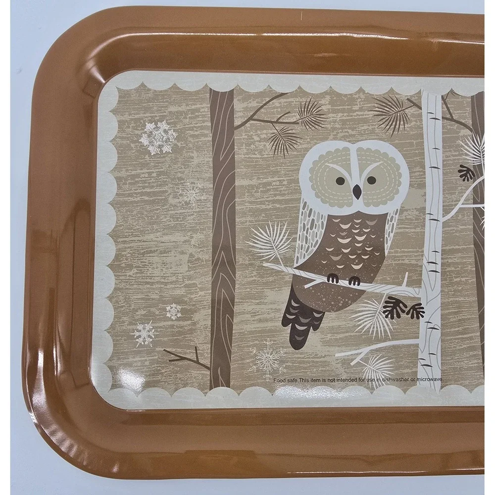 Vintage Snowy Owl Metal Serving Tray‎ Tan White Farmhouse Tin 10X 14